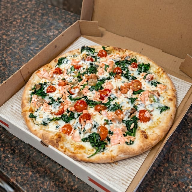 Spinach Salmon Pizza.